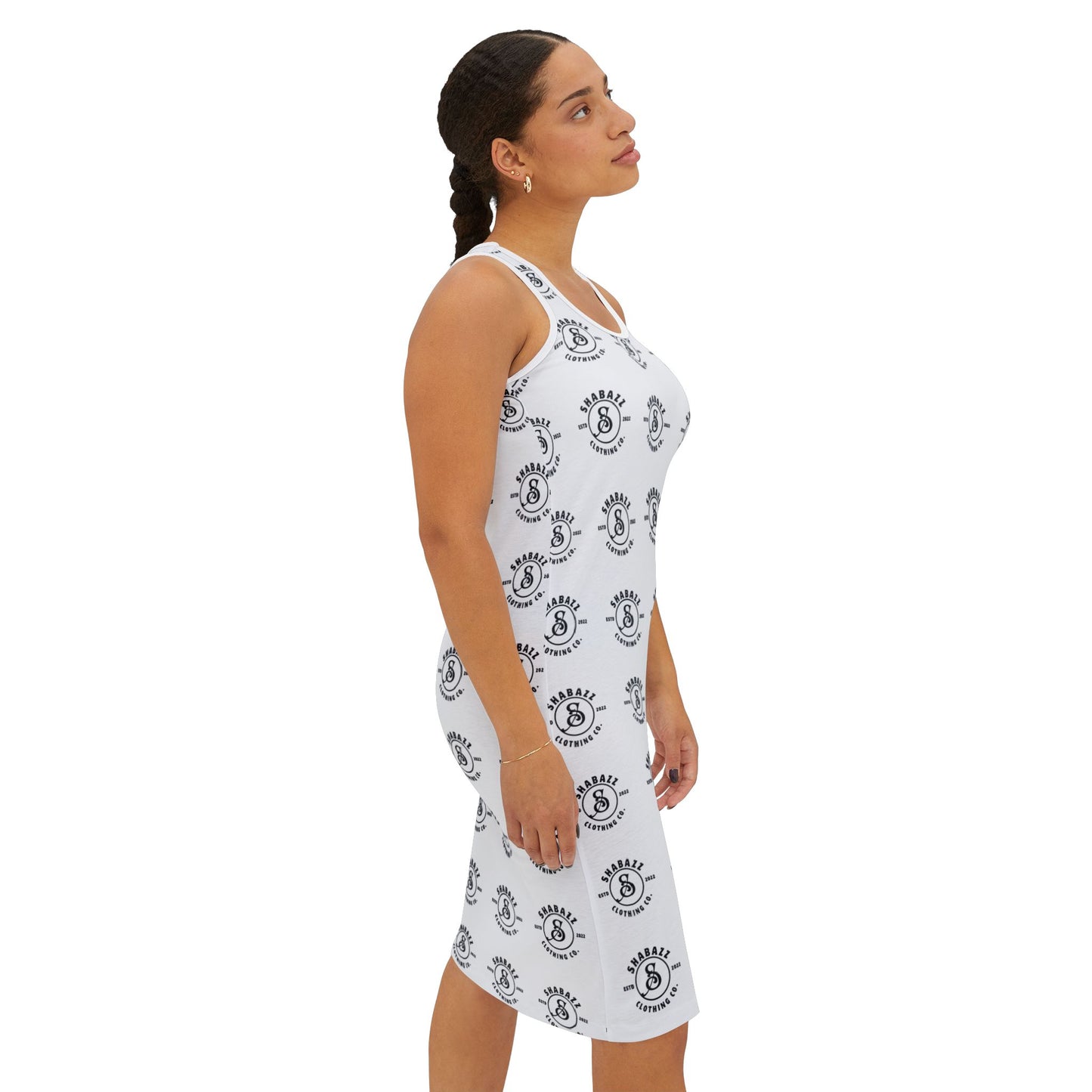 Shabazz white & black Pattern Racerback Dress — All-Over Print Casual Sundress
