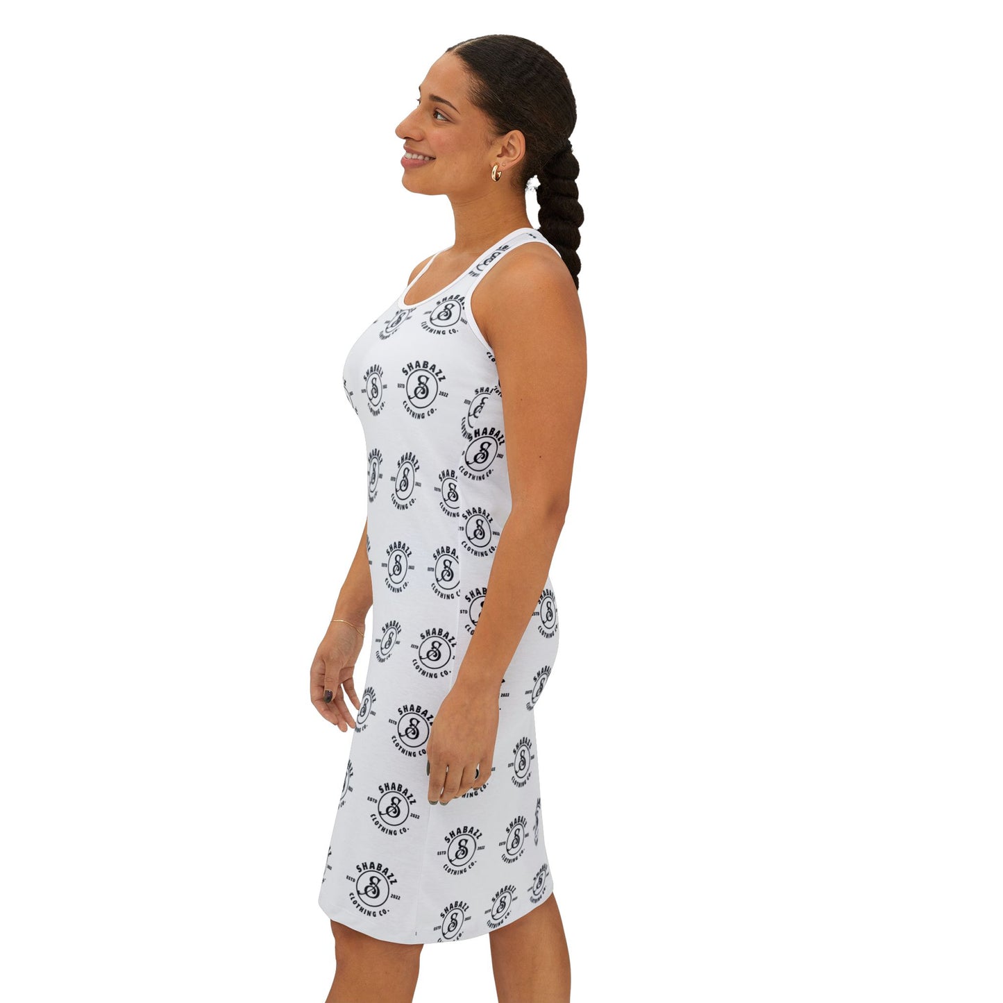 Shabazz white & black Pattern Racerback Dress — All-Over Print Casual Sundress