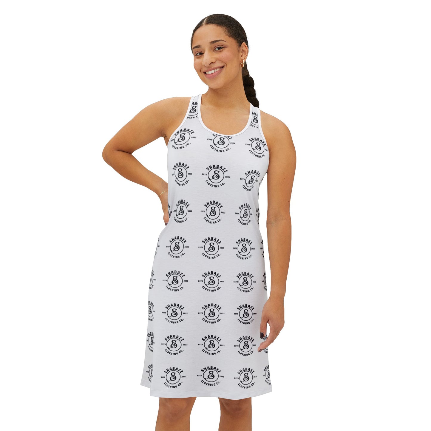 Shabazz white & black Pattern Racerback Dress — All-Over Print Casual Sundress