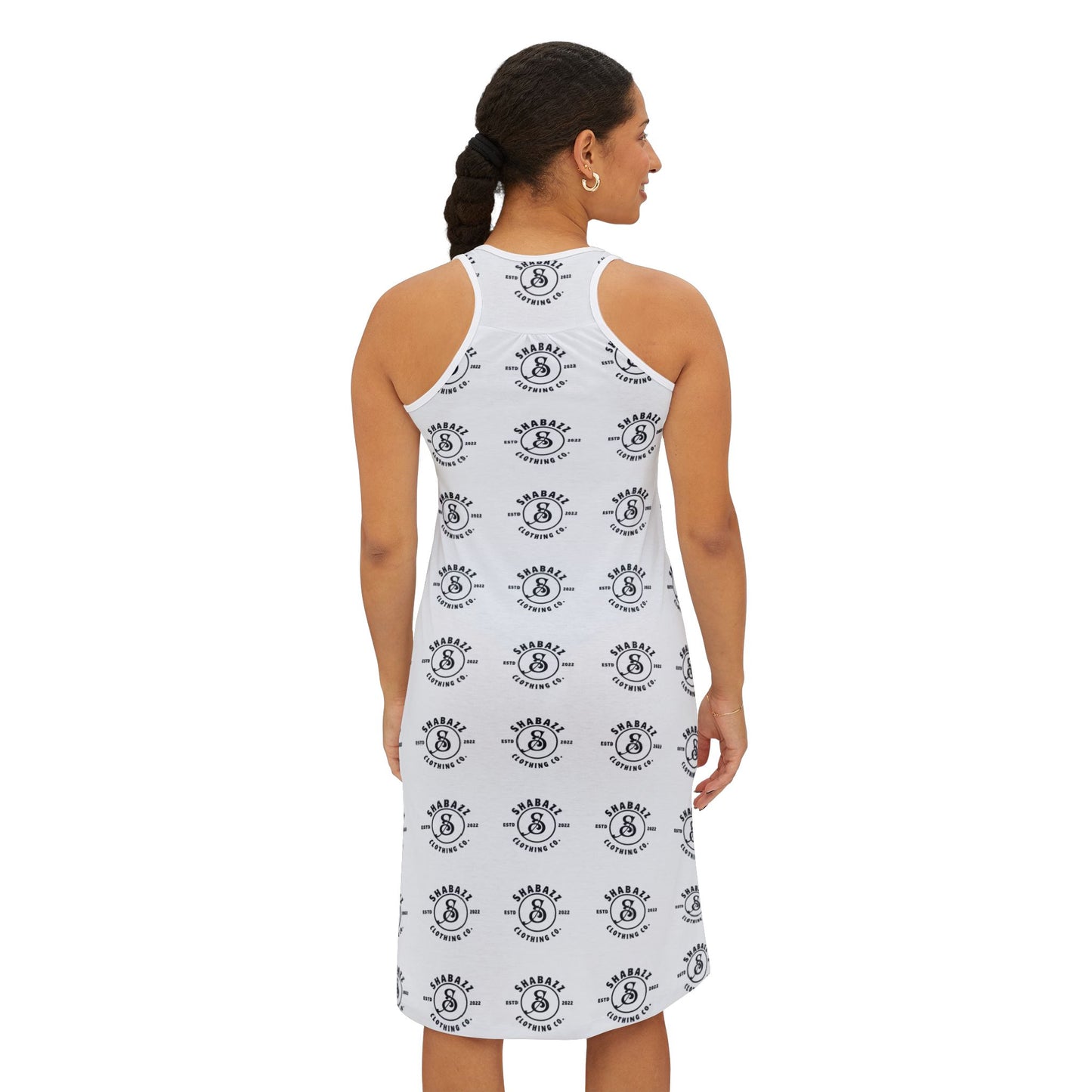 Shabazz white & black Pattern Racerback Dress — All-Over Print Casual Sundress
